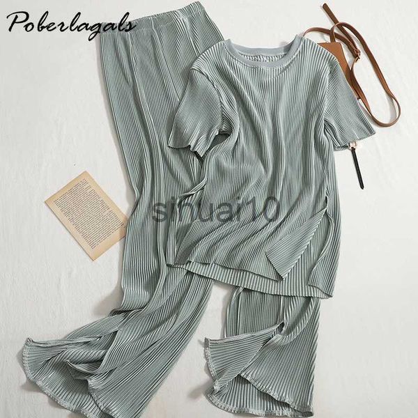 

women's two piece pants two-piece set casual pants suit female 2022 summer new temperament o neck t-shirt + high waist slit wide leg pa, White