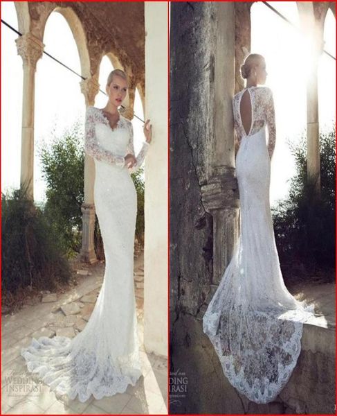 

2015 sheer lace wedding dresses long sleeve v neck cutouts sheath court train backless vintage bridal gowns riki dalal3449493, White