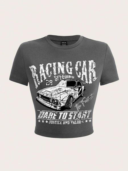 

women's fashion t-shirt car slogan graphic, White