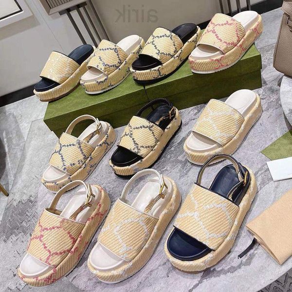 

dress women platform sandals designer mens slides flat slide beach slippers multicolor canvas linen fabric printing straps slipper clas feqm, Black;gray