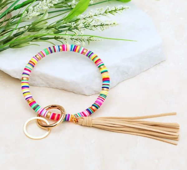 

boho key ring bracelet rainbow clay beaded keychains bangles bracelets with velvet suede leather hand large arm bracelets key7589055, Golden;silver
