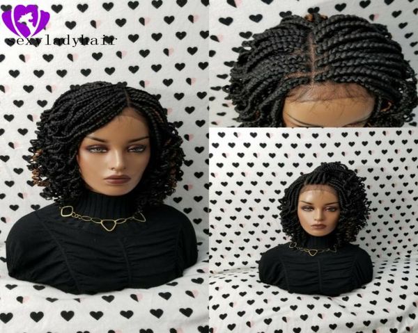 

2020 new lace frontal short braided wigs for black women synthetic lace front braids wig with curly tips baby hair6620467