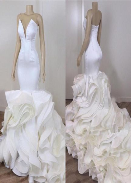 

luxury mermaid wedding dresses backless sweetheart long train bridal wedding gowns with cascading ruffles organza skirt5144040, White