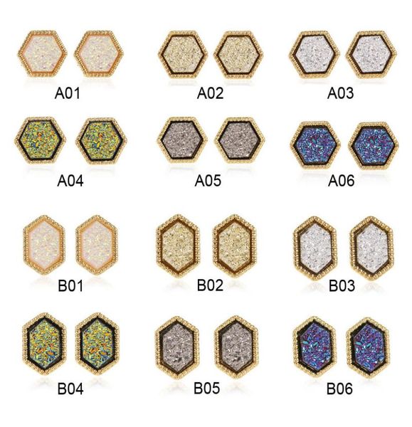

selling 18k gold filled druzy stud earrings trendy womens wholesaling 12mm hexagon resin drusy earring jewelry6407815, Golden;silver