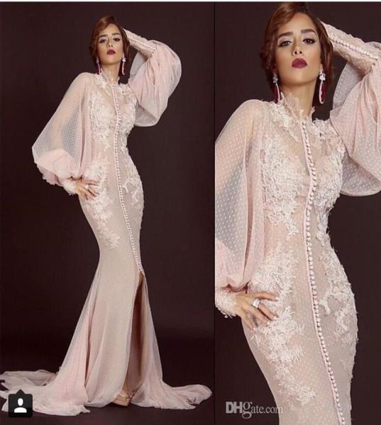 

mermaid prom dresses arabic evening gowns 2019 saudi arabia long sleeves sheer high neck appliques front slit peach blush formal d4114011, Black