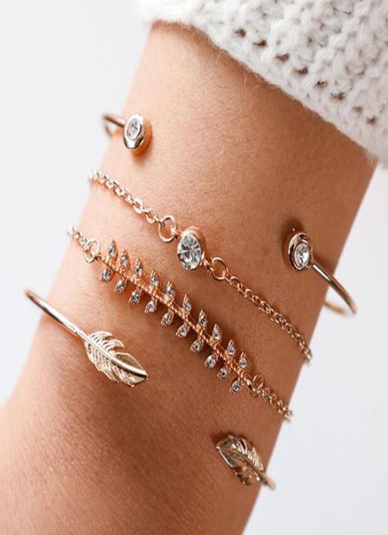 

fashion women039s bracelets fashion fish bone leaves diamonds round geometric chain opening bracelet 1 set 4 pieces3471947, Golden;silver
