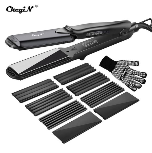 

4in1 women interchangeable plates hair straightener crimping iron crimper hair styling tool deep wave straightening iron cx200728937960, Black