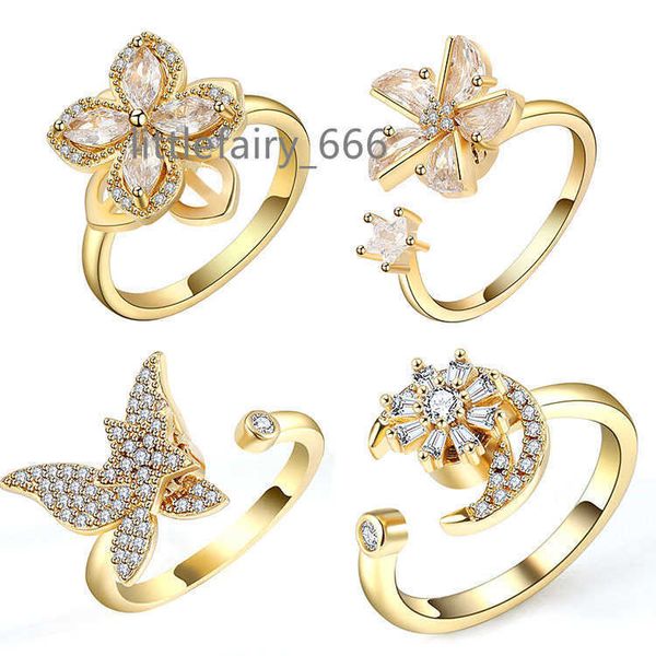 

rotatable spinner ring jewelry four-leaf clover spinner rings rotating adjustable fidget rings for anxiety, Silver