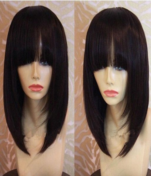 

human hair bob lace front wig with bang fringe for black women 150 density brazilian virgin straight wigs long diva17338019, Black;brown