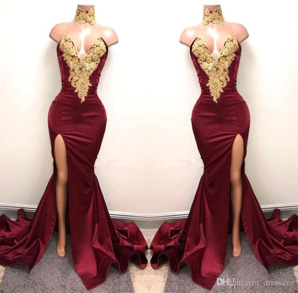 

arabic burgundy prom dresses evening high neck gold lace appliqued sleeveless mermaid front split elegant formal party gowns7381410, Black