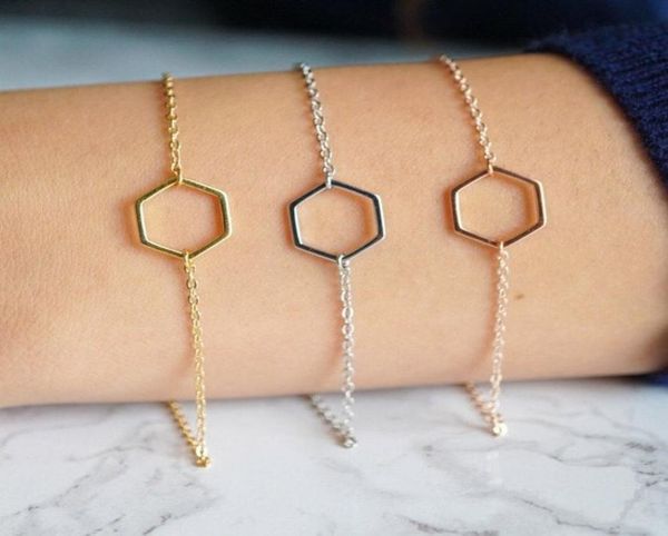 

10 simple hollow line hexagon charm bracelet cut out open polygon bracelets geometric quadrilateral lucky woman mother men039s 5718086, Golden;silver