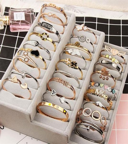 

open cuff titanium steel bangle rose gold silver mix different styles crystal rhinestone jewelry korean fashion charm bangle dhl f7069973, White