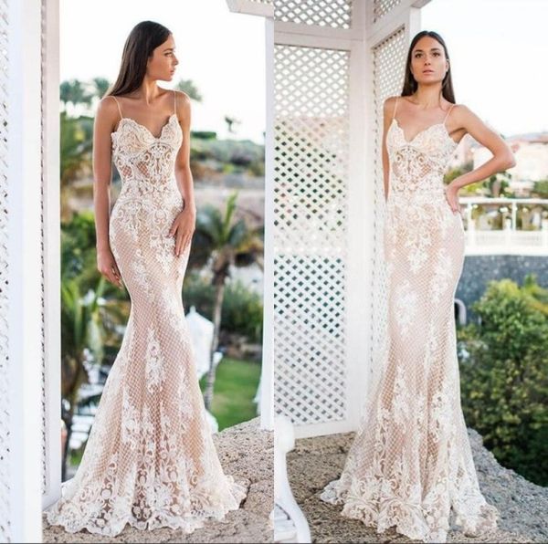 

mermaid wedding dresses spaghetti sleeveless full lace bridal gowns floor length boho country beach wedding dress custom2396910, White