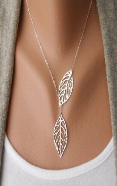

new fashion vintage punk gold hollow two leaf leaves pendant necklace clavicle chain charm jewelry women4693556, Silver