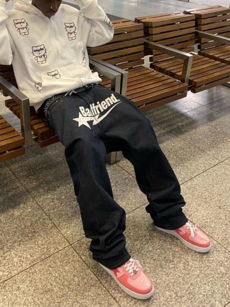 

men's jeans y2k men's hip hop letter printing black jeans men's loose street clothing women's fashion casual rock pants, Blue
