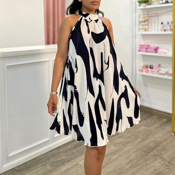 

basic casual dresses summer fashion printed dres s halter sleeveless pleated swing midi a line women 230715, Black;gray