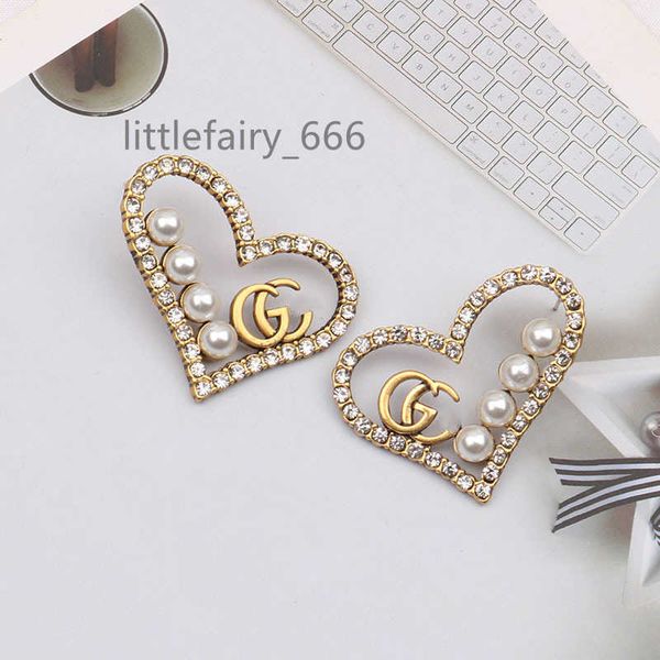 

vintage 18k gold plated luxury brand designers letters stud clip chain geometric famous women heart crystal rhinestone pearl earring wedding, Golden;silver