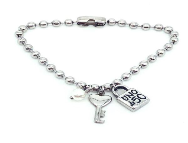 

fashion women men silver color stainless steel 4mm bead lock key uno de50 ball bead bracelet necklace jewelry a gift 2104213125619, Golden;silver