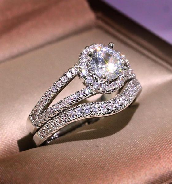 

wedding rings vintage female white crystal stone ring set classic silver color engagement trendy bridal round for women6395579, Slivery;golden