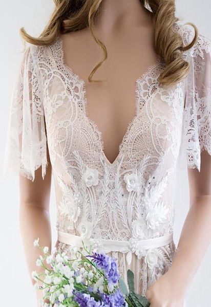 

new boho wedding dress v neck cap sleeve lace beach wedding gown backless custom made aline bride dresses2694427, White
