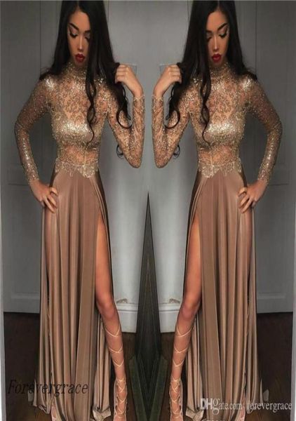 

2019 vintage high collar long sleeves prom dress lace split formal holidays wear graduation evening party gown custom made p4796670, Black