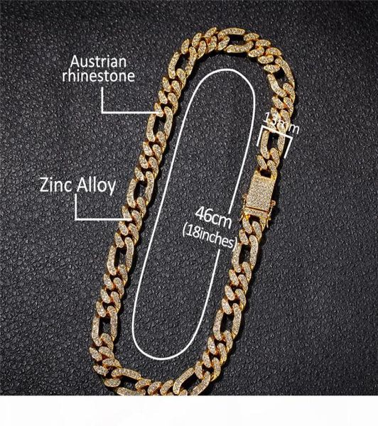 

18k gold plated figaro cuban chain iced out full rhinestone 13mm alloy heavy miami cuban link chain bracelets necklace7639744, Black