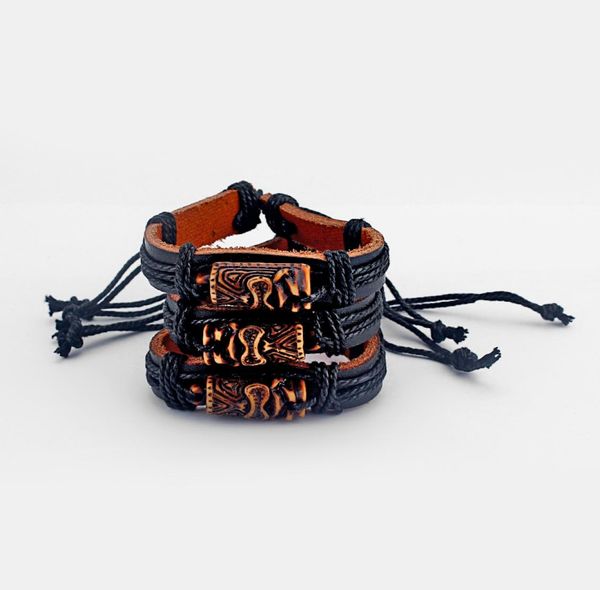 

12pcs mens brown tribal yak bone carved tiki man totem leather bracelet9925373, Golden;silver