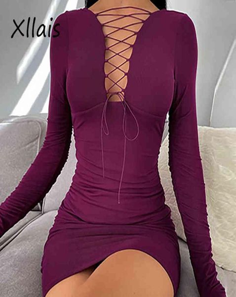 

xllais stretch long sleeve mini dresses hollow out lace up party robes casual solid backless dress 2022 spring j220512 j220707804634, Black;gray