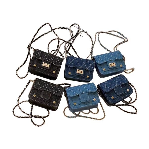 

children denim handbags fashion baby girls rhomboid cowboy mini chain cross accessories lipstick bags kids letter one shoulder bag f1747, Black