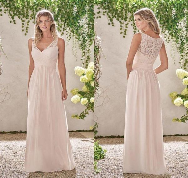 

2019 simple v neck lace zipper back maid of honor wedding guest dress long chiffon bridesmaid dresses3087228, White;pink
