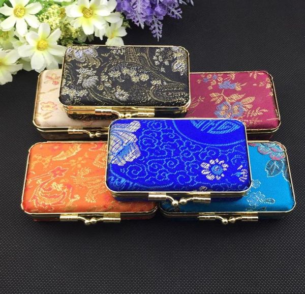 

portable small travel rectangle jewelry carrying storage case with mirror gift box metal clip silk brocade floral cloth craft pack7768155, Black;white