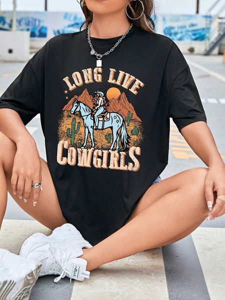 

women's fashion t-shirt horse letter graphic shoulder, White