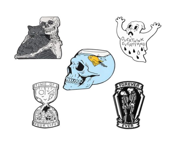 

your life hourglass enamel pins ghost skeleton fish tank skull badge brooch bag denim shirt lapel pin gothic cat jewelry gift 14377990536, Gray