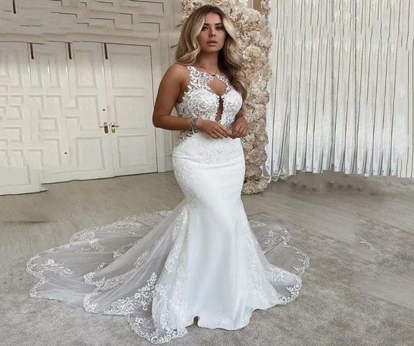 

amelia sposa full lace appliques mermaid wedding dresses 2021 jewel neck chapel train plus size backless bridal party gowns7151860, White