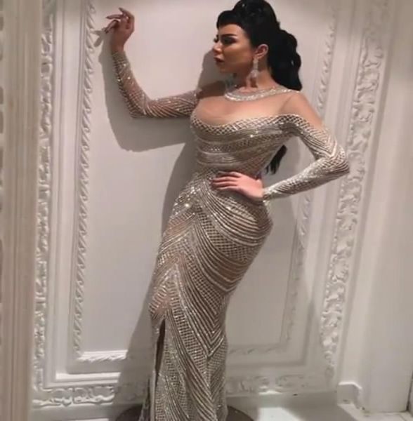 

luxury blingbling beaded evening dresses 2017 sheer major beaded neckline with long sleeves and front split pageant gowns8395415, White;red