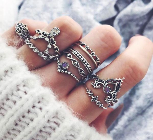 

knuckle midi ring set bohemian vintage crystal stone crown fatima hand ring women gifts wedding wed rings sets2029194, Silver