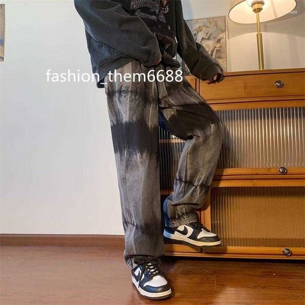 

men's jeans men's jeans stylish streetwear men tie-dyed distressed contrast wide leg pants long trousers hip hop fashion baggy for, Blue