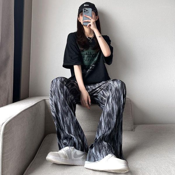 

women's pants ice silk loose pleated wide leg tie dye for women 2023 summer casual elastic high waist long trousers thin straight, Black;white
