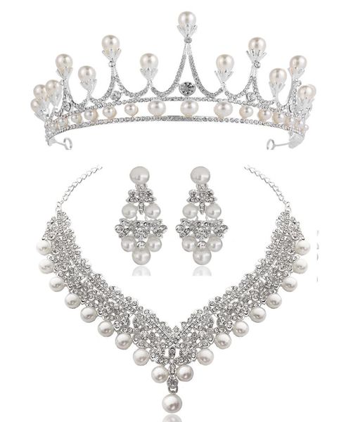 

white crystal pearl crown earrings necklace jewelry sets bridal wedding jewelry elegant fashion cubic zirconia diamond jewelry7457212, Silver