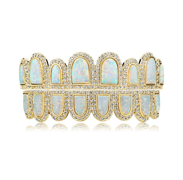 

hip hop iced out zircon teeth grillz natural opal gem stone braces real gold plated tooth grills3703113, Black