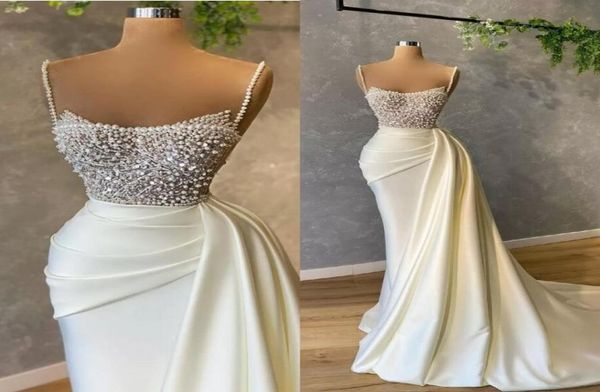 

2022 luxury pearls spaghetti evening dress beading sequins ruched prom gowns satin sweep train mermaid party dresses b04246524886, Black;red