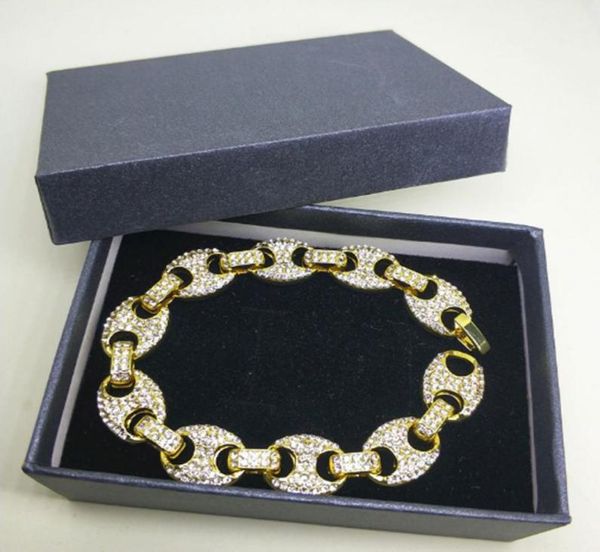 

18k real gold plated marine link cz bling bling bracelets 12mm 18cm full cz sigle row link chain bracelet men women hip hop jewelr9014842, Black