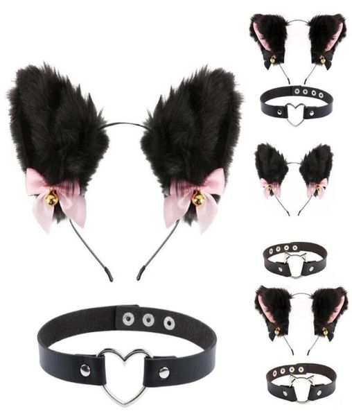 

hair accessories cat ears headband plush furry cute with bow bell chocker fluffy headwear kitten necklace for party halloween4371343