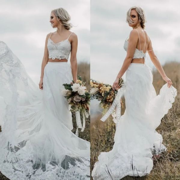 

chic two pieces lace wedding dresses spaghetti straps v neck bridal gowns a line tulle sweep train appliqued, White