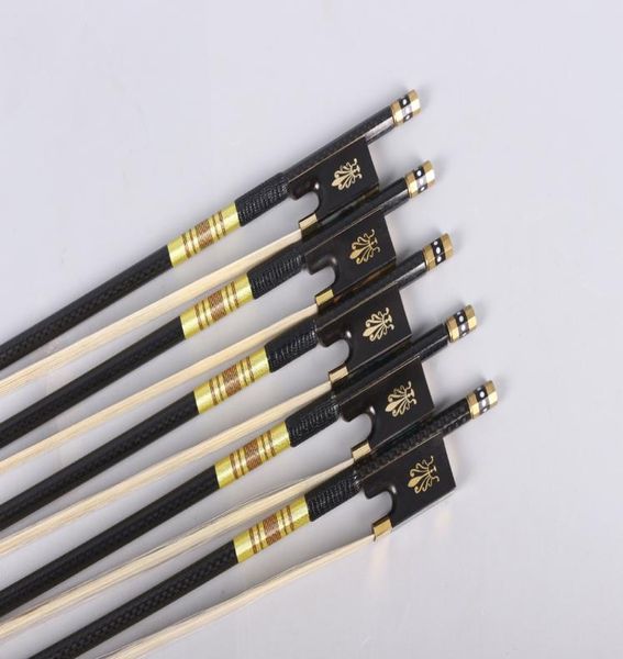 

5x violin bow 44 full size carbon fiber stick ebony frog advance horse hair gloden string plated violin parts well balanced5831302