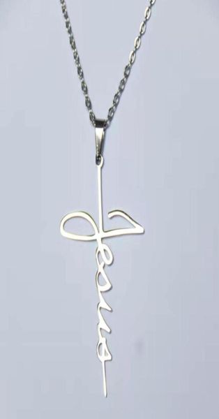 

10pclot new letter jesus cross stainless steel pendant necklaces women men dainty handwriting style charms choker party jewelry g16051286, Silver