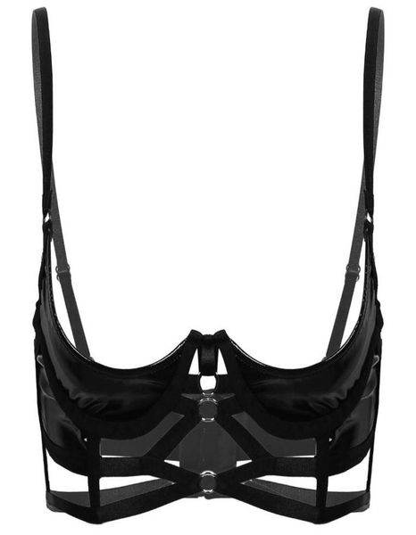 

bras womens wet look patent leather open breasted lingerie spaghetti shoulder straps quarter cup strappy underwired bra 5401343, Red;black