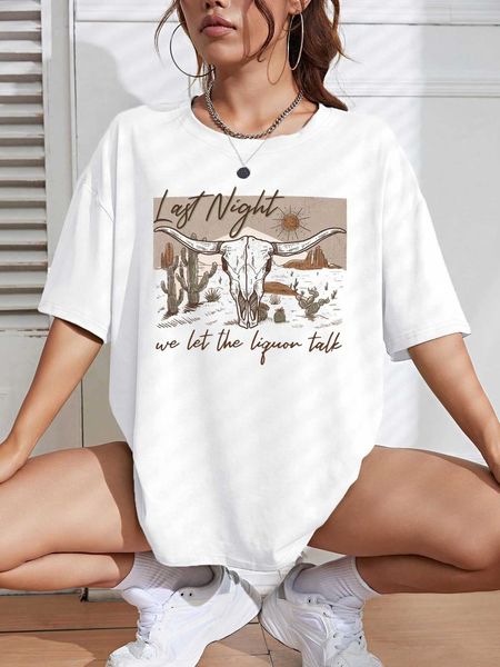 

women's fashion t-shirt cattle slogan graphic shoulder, White