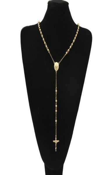 

gold stainless steel bead chain jesus christ cross pendant rosary long necklace mens womens hip hop jewelry250i4687265, Silver