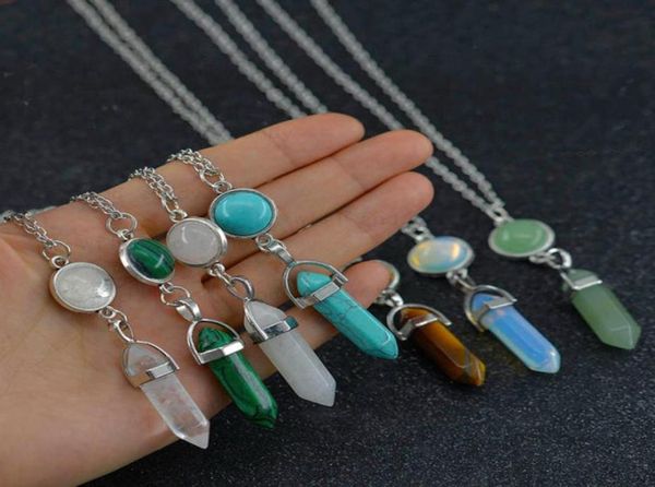 

bullet natural stone healing necklaces pendant tiger eye turquoise aventurine crystal stone quartz hexagonal necklace for women me3756379, Silver